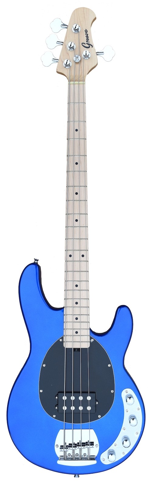 An Active MusicMan Shaped Bass Guitar 4 Strings into Metallic Blue
